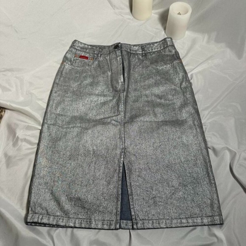 silver denim midi skirt